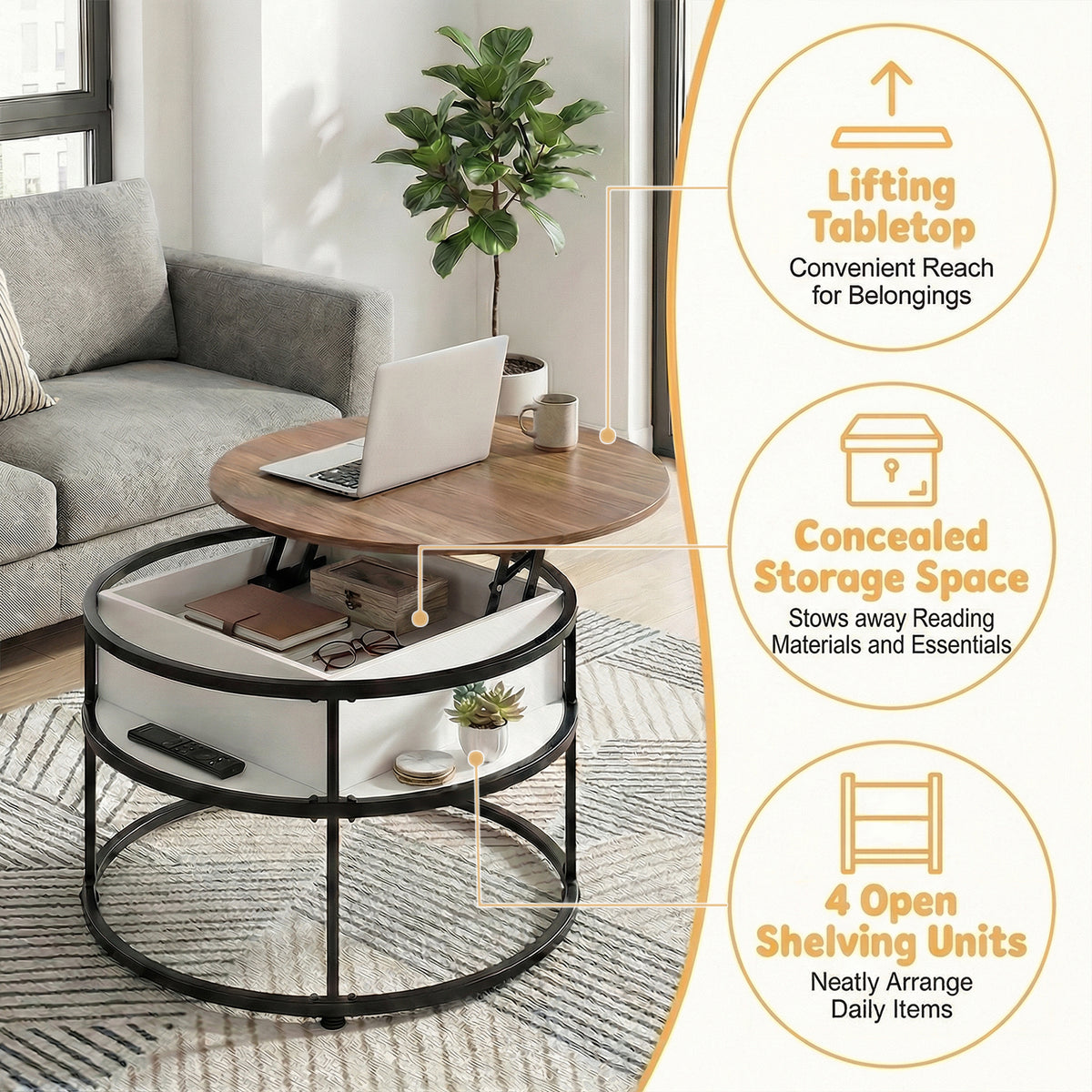 31. 5” Lift Top Coffee Table w/ Hidden Compartment & Side Shelves for Living Room