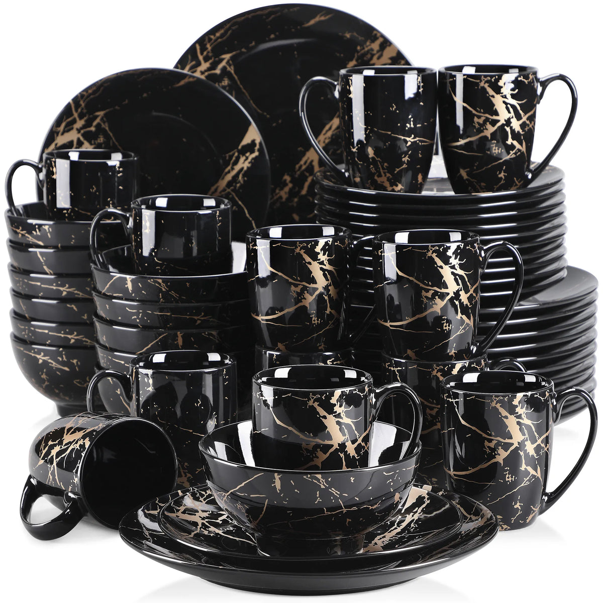 Black 16/32 Piece Porcelain Dinnerware Set, Design By Gold Splash with Dinner Plate,Cake plate,Bowls,Coffee Cups