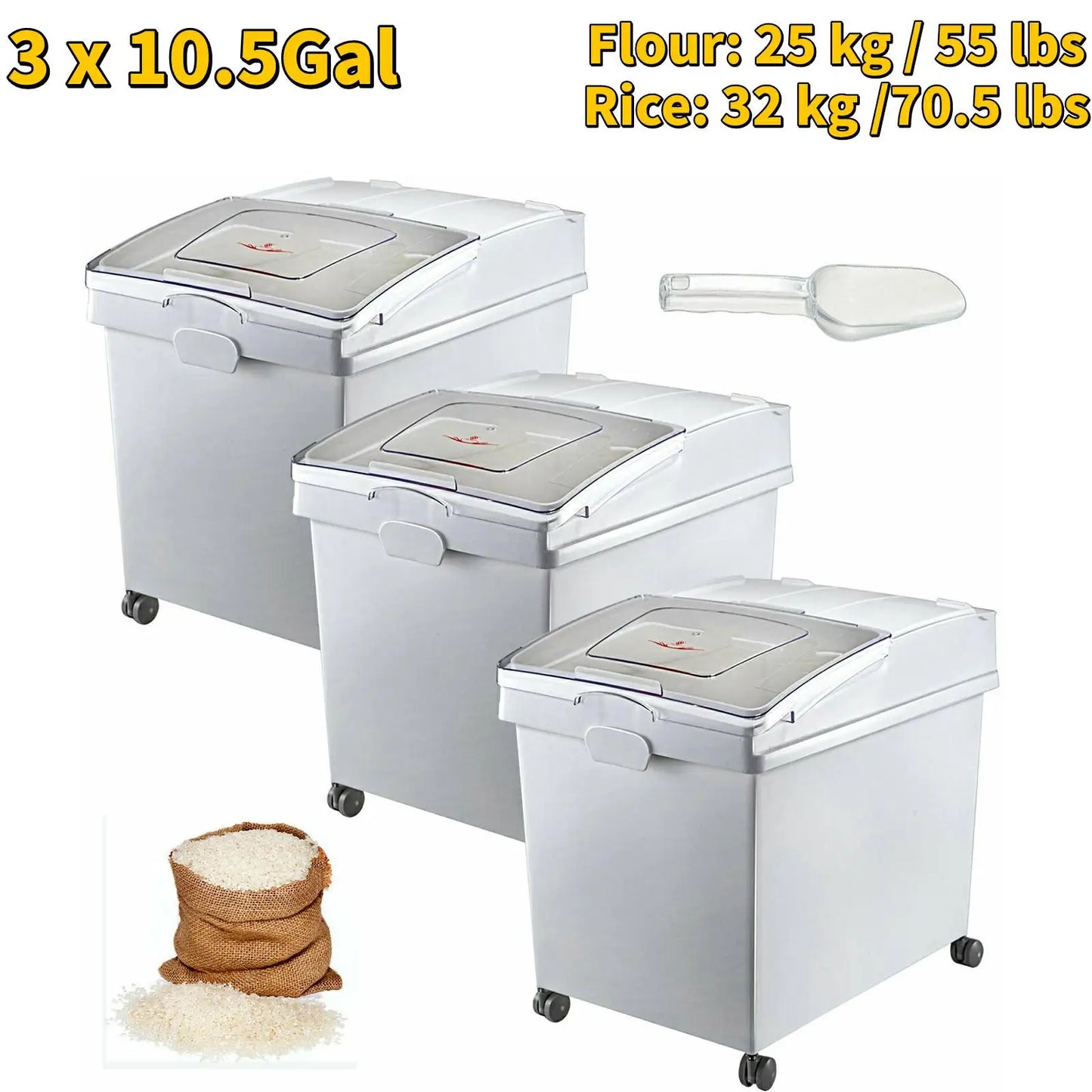 6.6Gal-21Gal Kitchen Ingredient Storage Bin W/ Wheel & Scoop for Commercial or Home