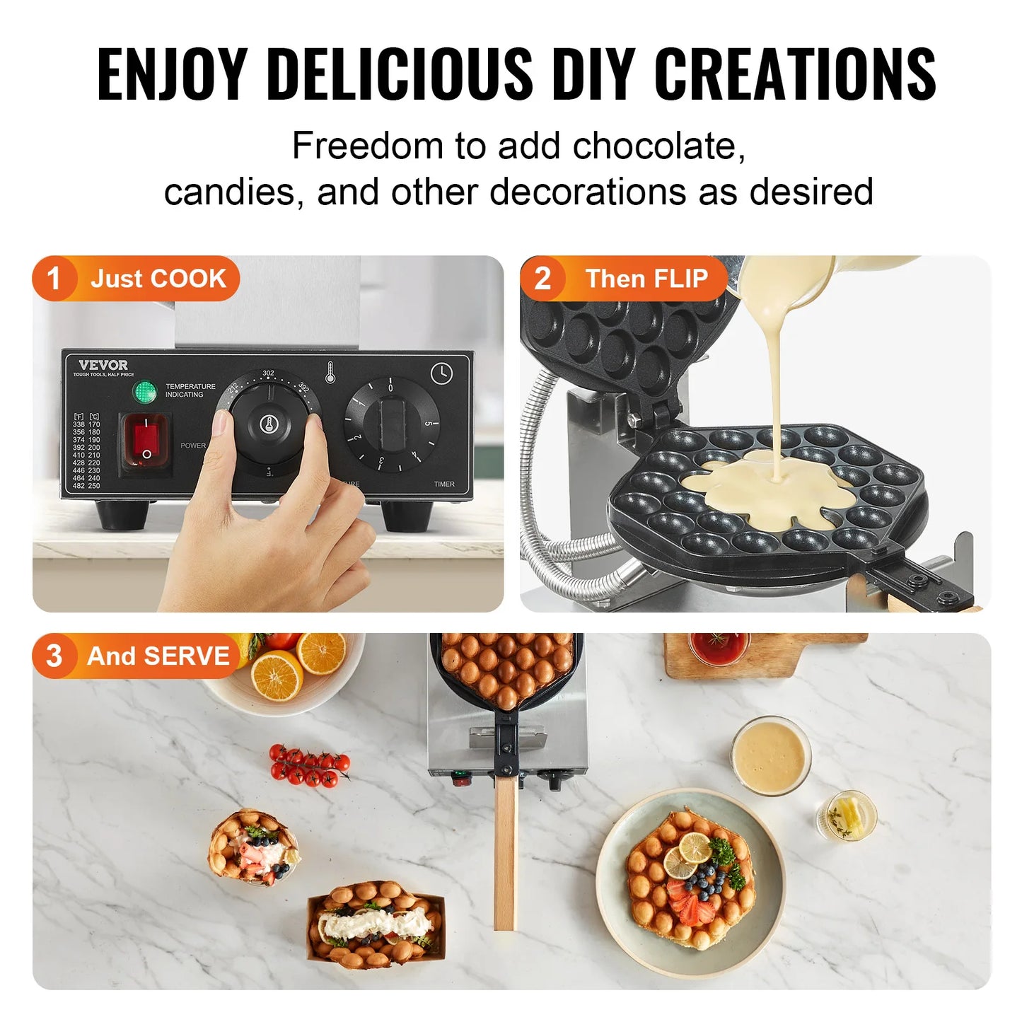 Commercial Egg Bubble Waffle Maker -1400W Non-Stick Stainless Steel w/180° Rotatable Device, 2 Pans & Wooden Handles