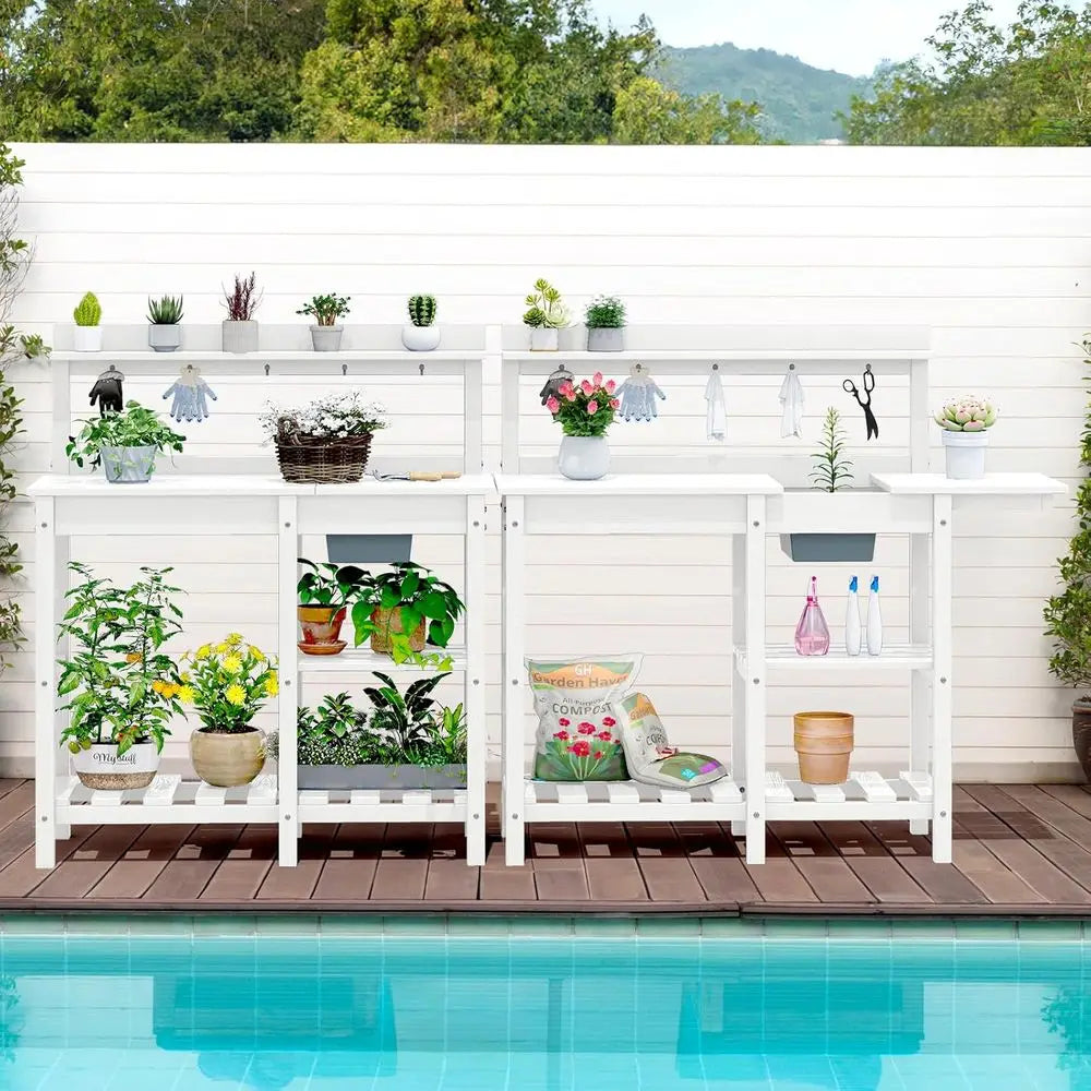 Portable Outdoor Garden Workbench with Detachable Sink, Weather-Resistant HDPE Table- White