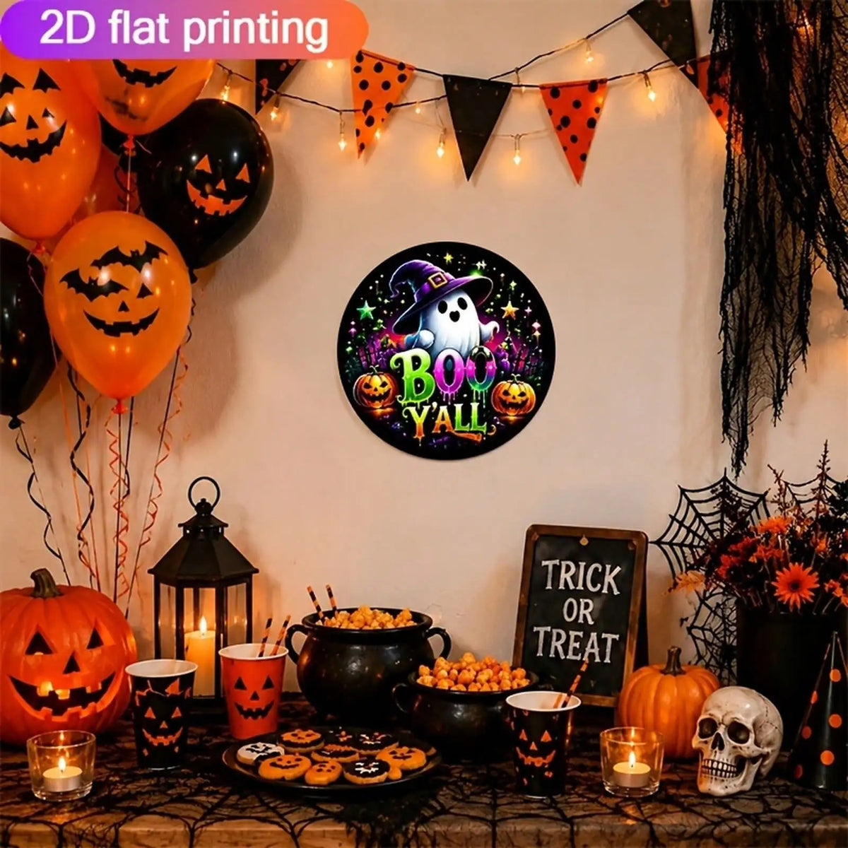 1 Piece Halloween-Themed Aluminum Decorative Sign 7.87* 7.87inch BOO Y'ALL Ghost Pumpkin Pattern Metal