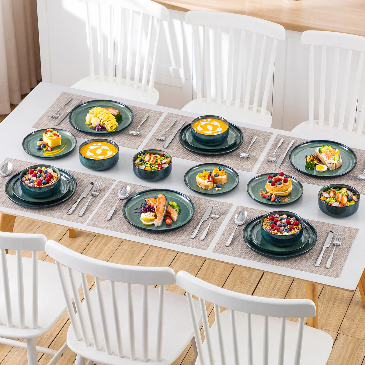 12/18 Piece Green Reactive Glaze Dinnerware Set, Scratch Resistant Stoneware Set with 4/6pcs Dinner Plate/Dessert/Bowl