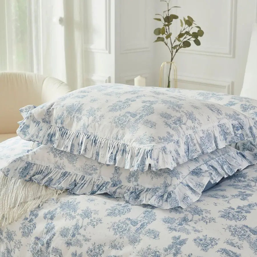 Vintage French Country Toile Duvet Cover Set for Bedroom, 100 Cotton Delicate Ruffle