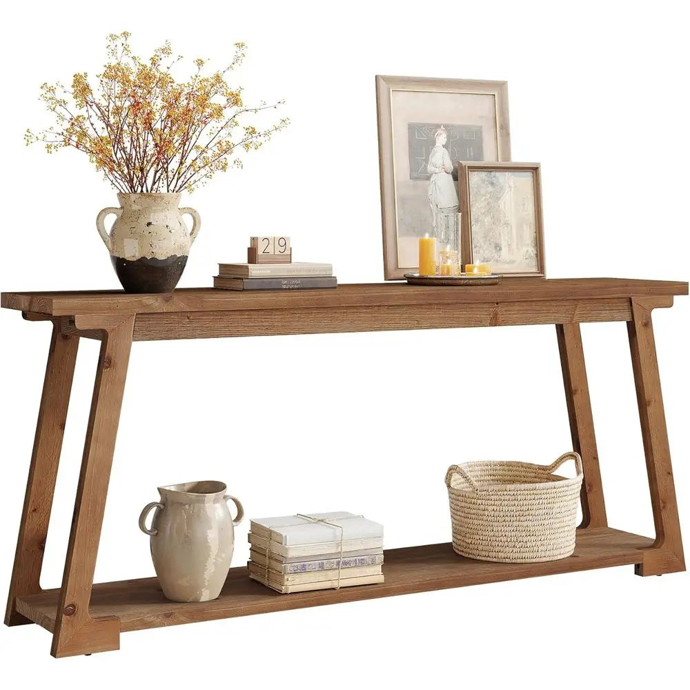 Solid Wood Table, 63-Inch with 2-Tier Storage