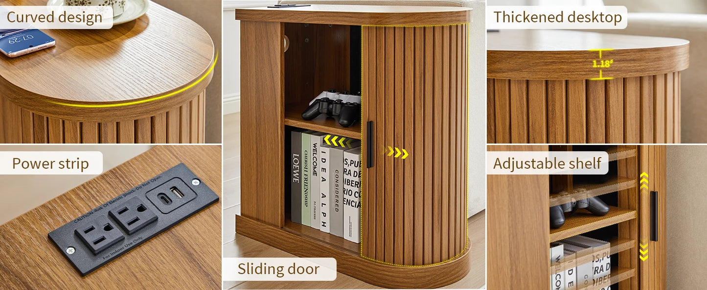 Nightstands with Charging Station, Narrow Side Table with Storage Doors and Shelves, for Small Spaces, Walnut