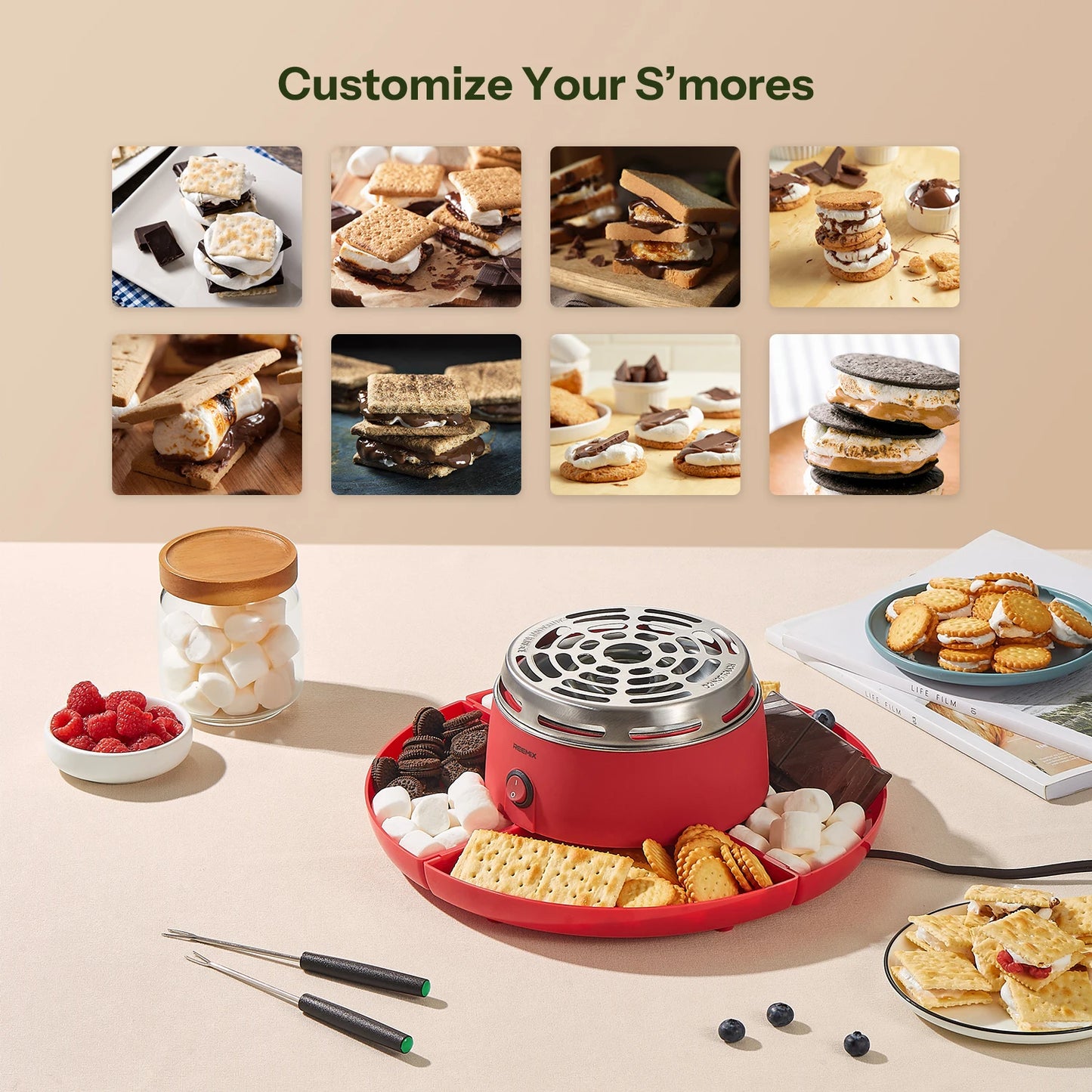 S'mores Maker Indoor, Flameless Electric Marshmallow Roaster with 4 Detachable Trays & 6 Roasting Forks