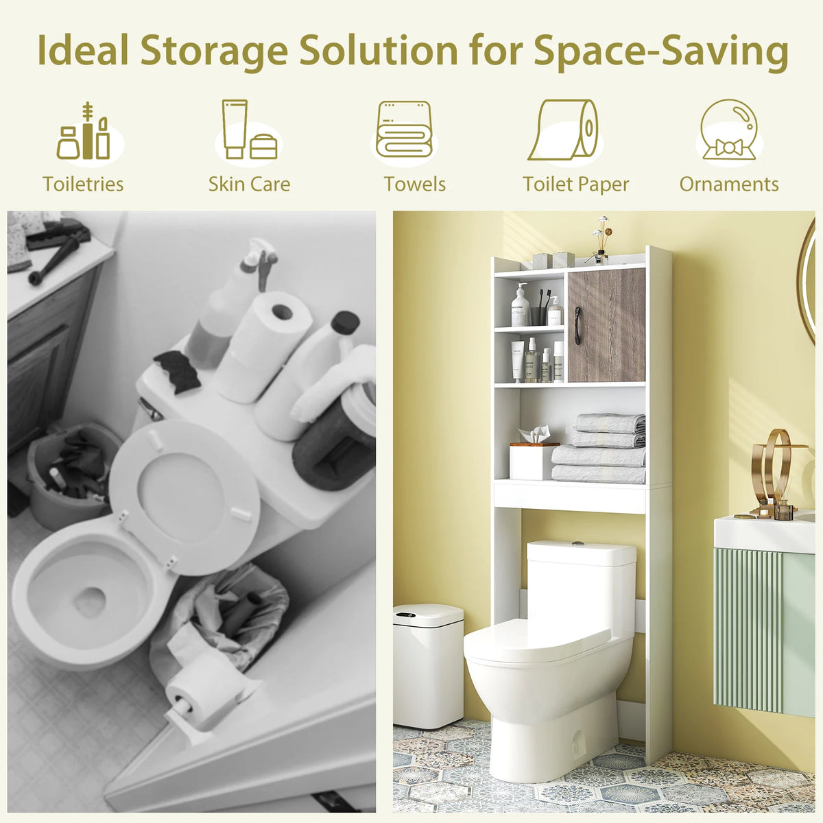 Over The Toilet Storage Cabinet, Bathroom Space Saver w/ Open Shelves & Door