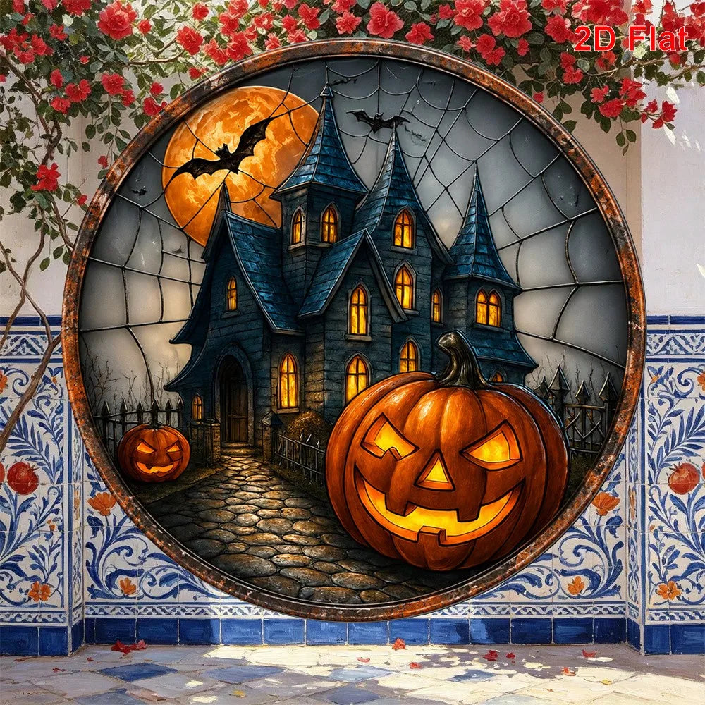 2D,8inch,Halloween Pumpkin, Haunted House, And Bat Patterned Metal Aluminum Sign Circular