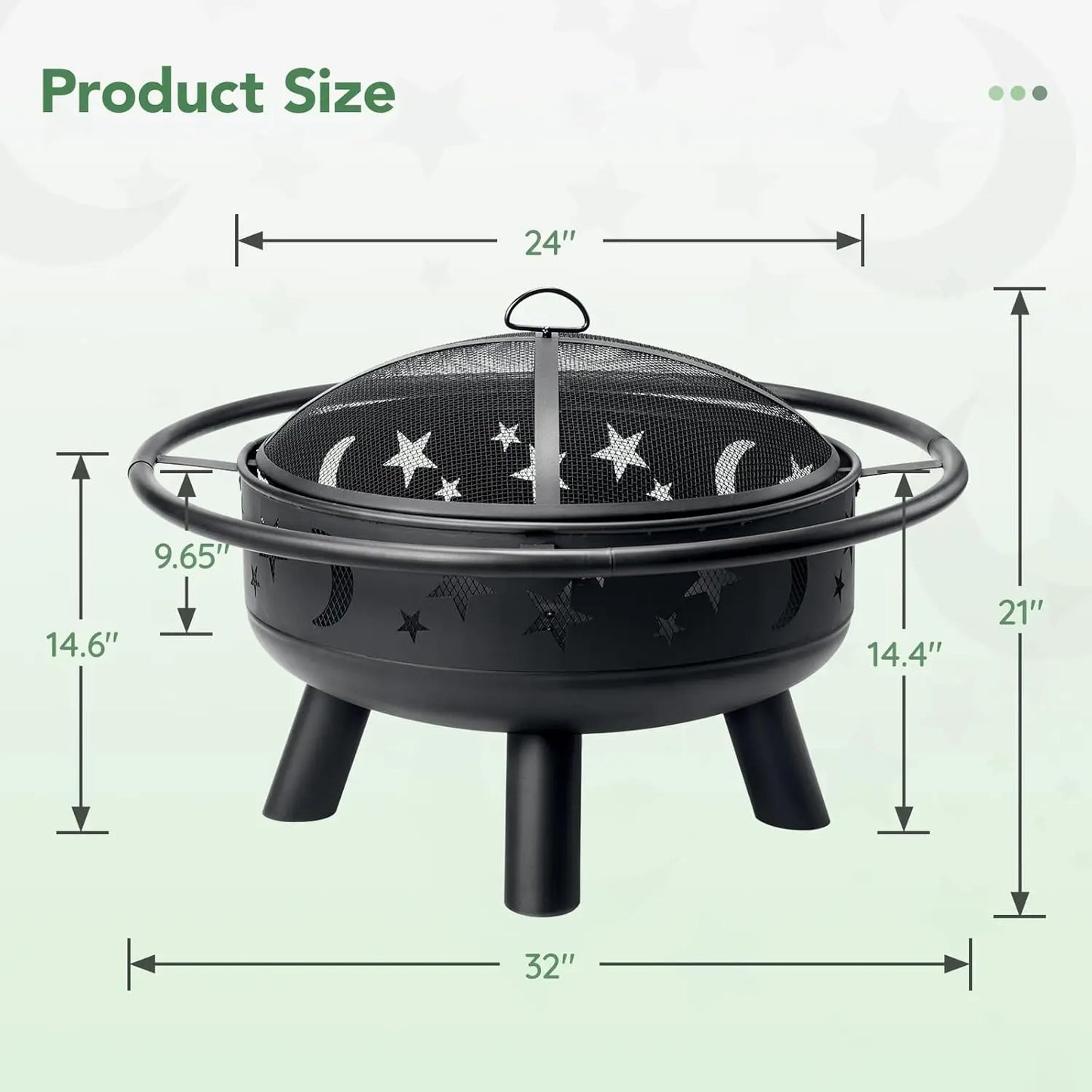32 Inch Round Fire Pit with Mesh Cover, with Star and Moon Design