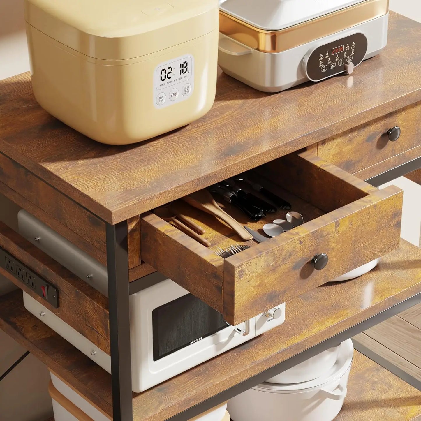 Bakers Rack with Power Outlets, 5-Tier Microwave Oven Stand with 2 Drawers,Coffee Bar Table with Storage