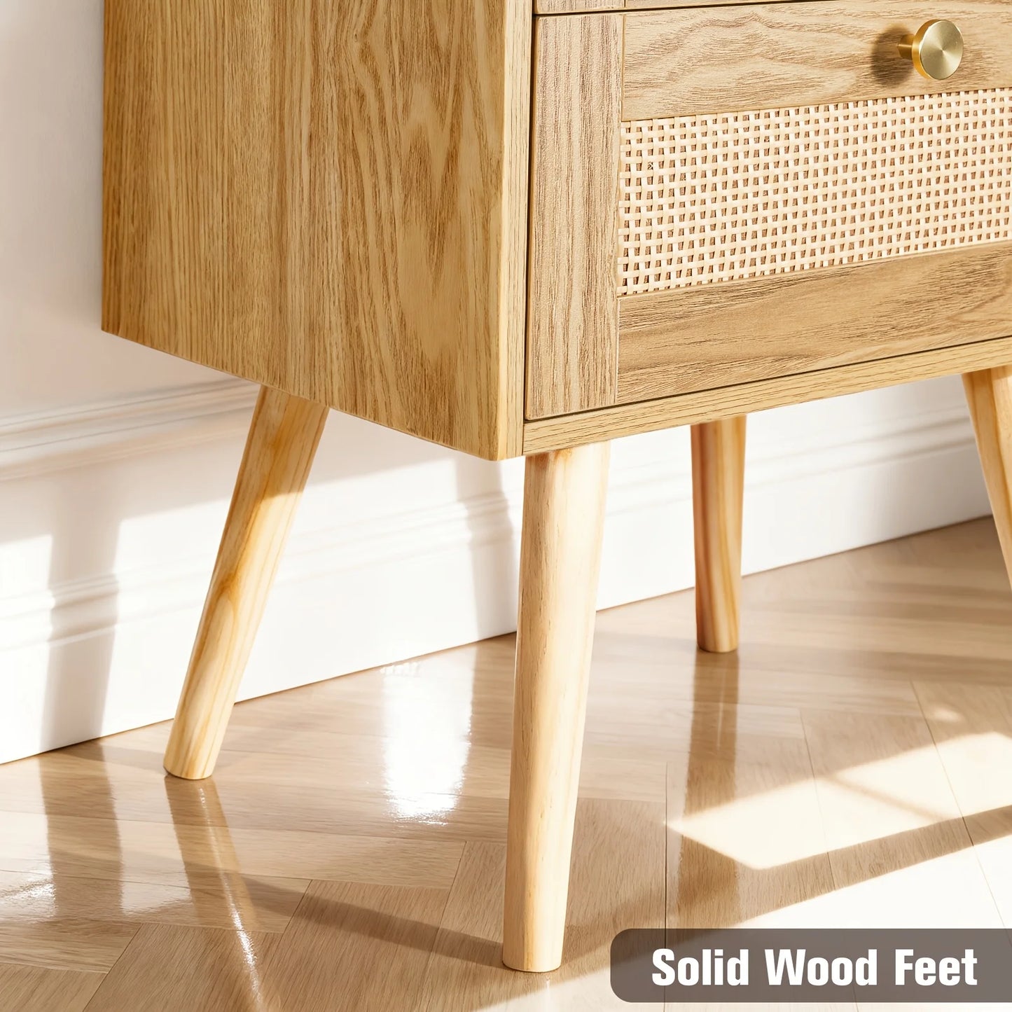 Set of 2 Nightstands with Charging Station, Modern Rattan, Solid Wood Legs