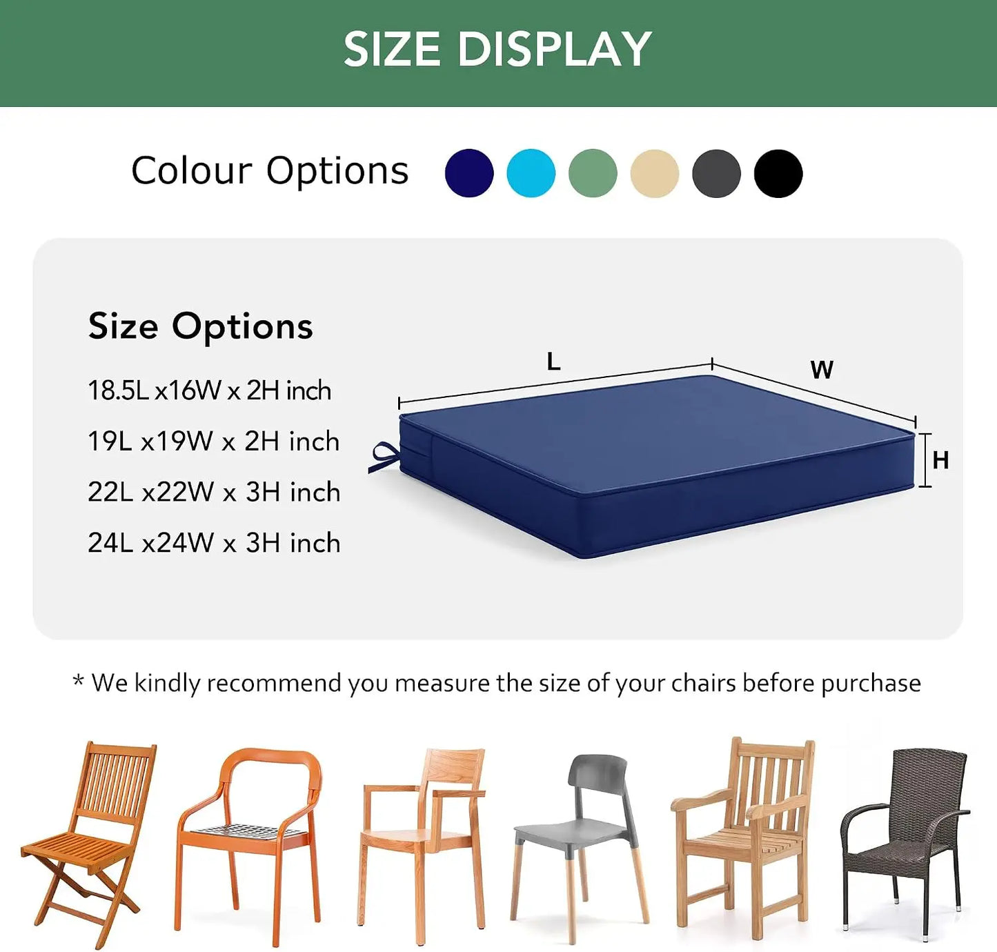 6-Pack Waterproof Patio Chair Cushions, 19x19x2 Inch, Fade Resistant, with Ties & Hidden Zipper, Navy