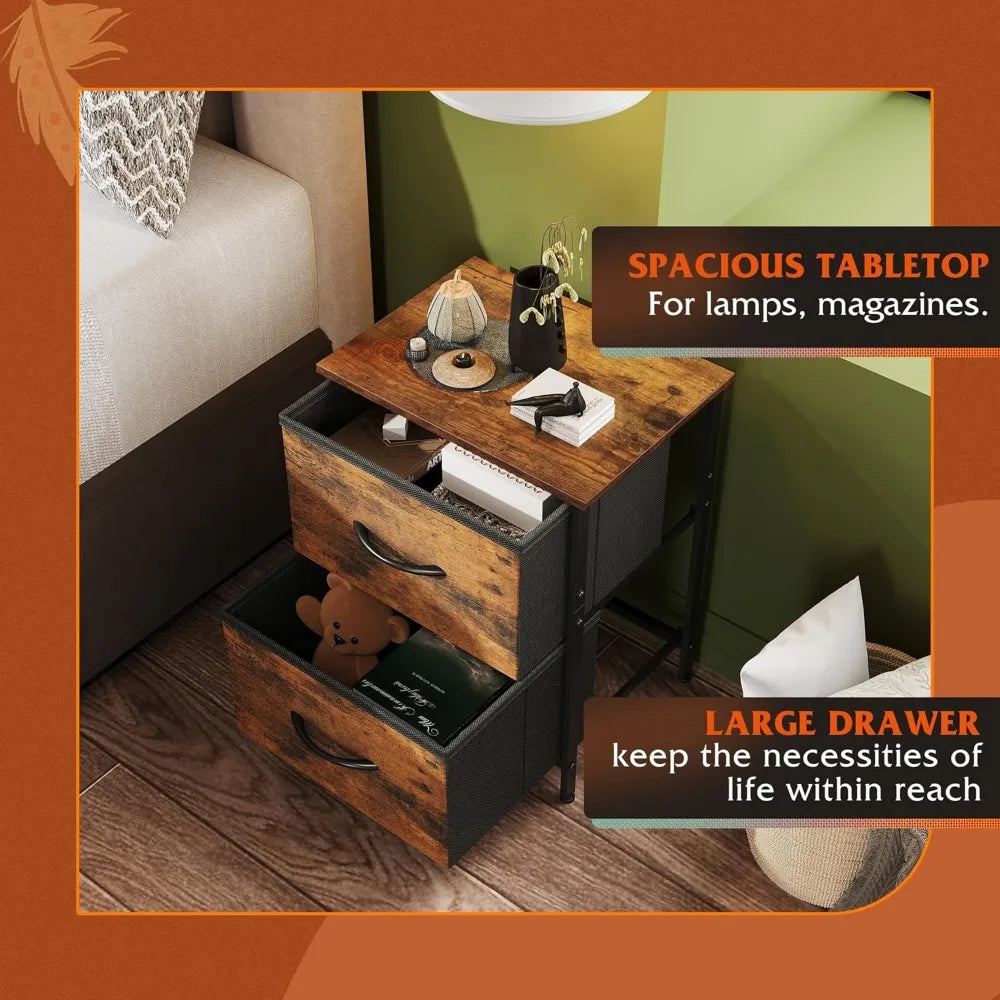 Compact Two Drawer Nightstand with Fabric Bins Wooden Top