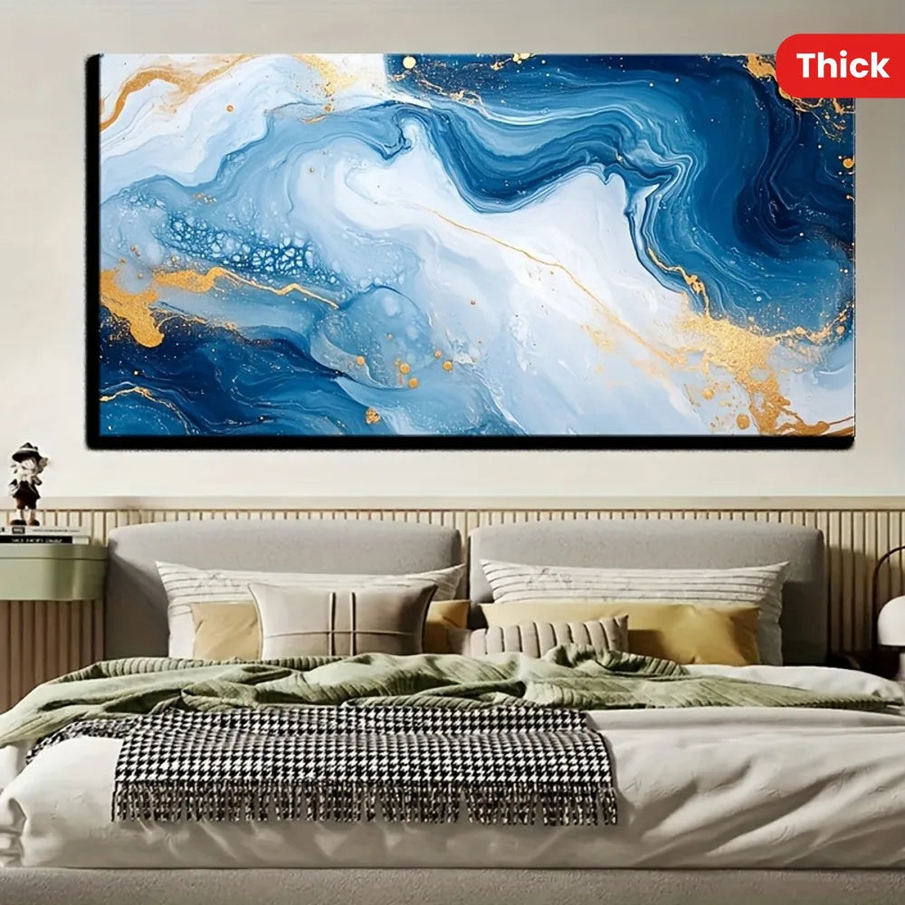 Abstract blue wave texture painting with pine solid wood frame