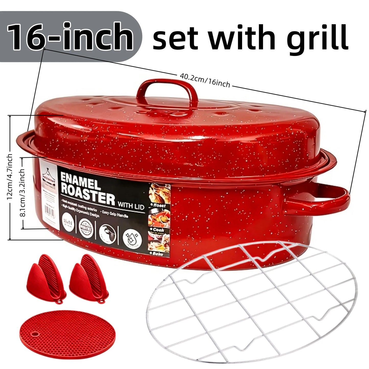 16 Inch Roasting Pan with Lid-Enamel Carbon Steel-Excellent Heat Distribution and Non-stick