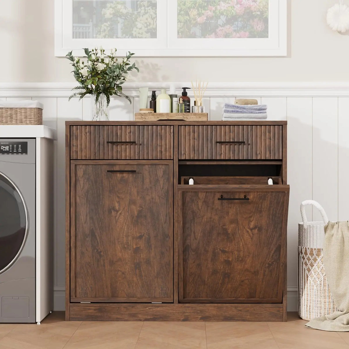 Tilt Out Laundry Hamper Cabinet With Drawer And Baskets, Wooden Laundry Basket For Bathroom ojr Bedroom