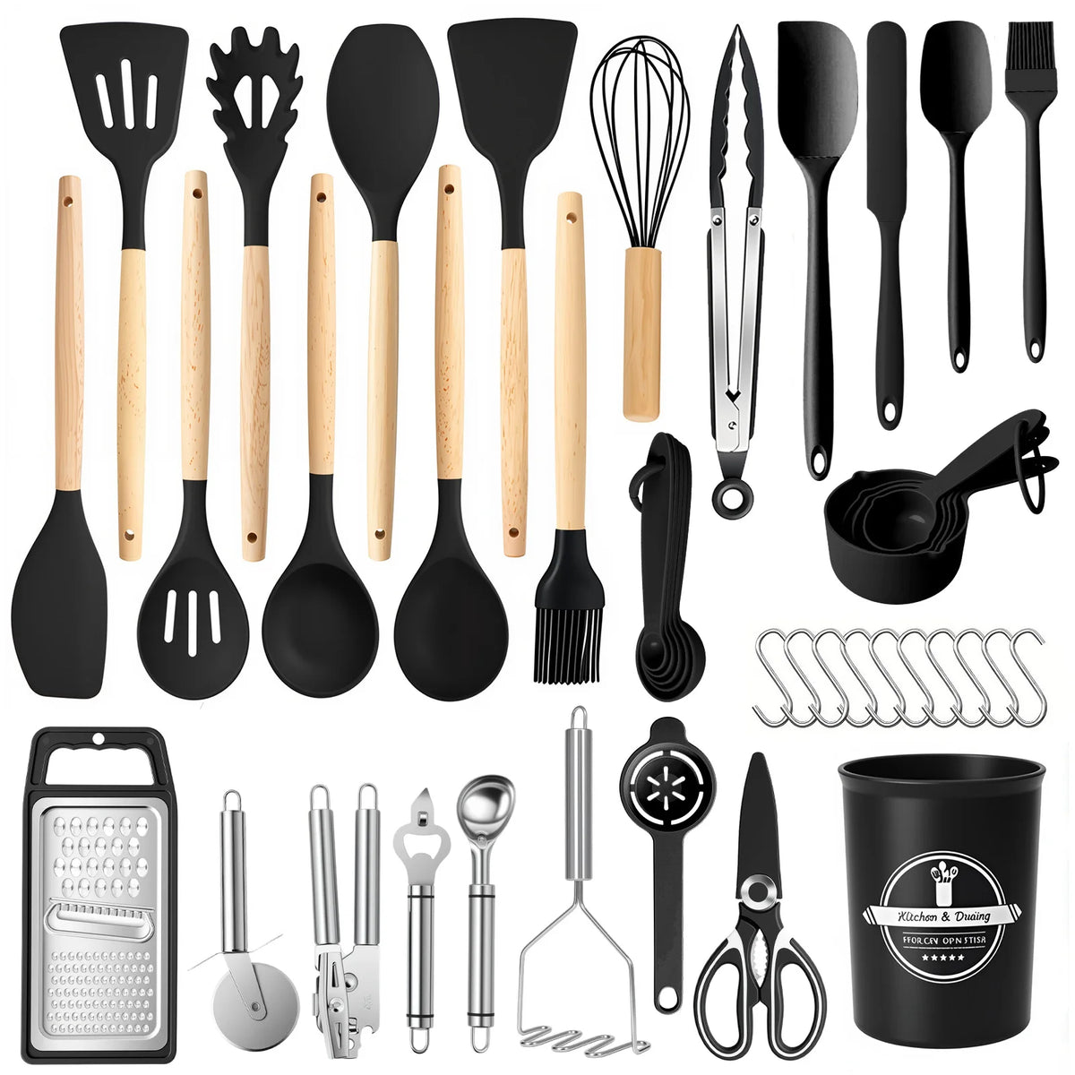 Silicone Wooden Handle 44-Piece Non-Stick Kitchen Utensil Set, Food-Grade Heat-Resistant Cookware Set for Kitchen & Baking