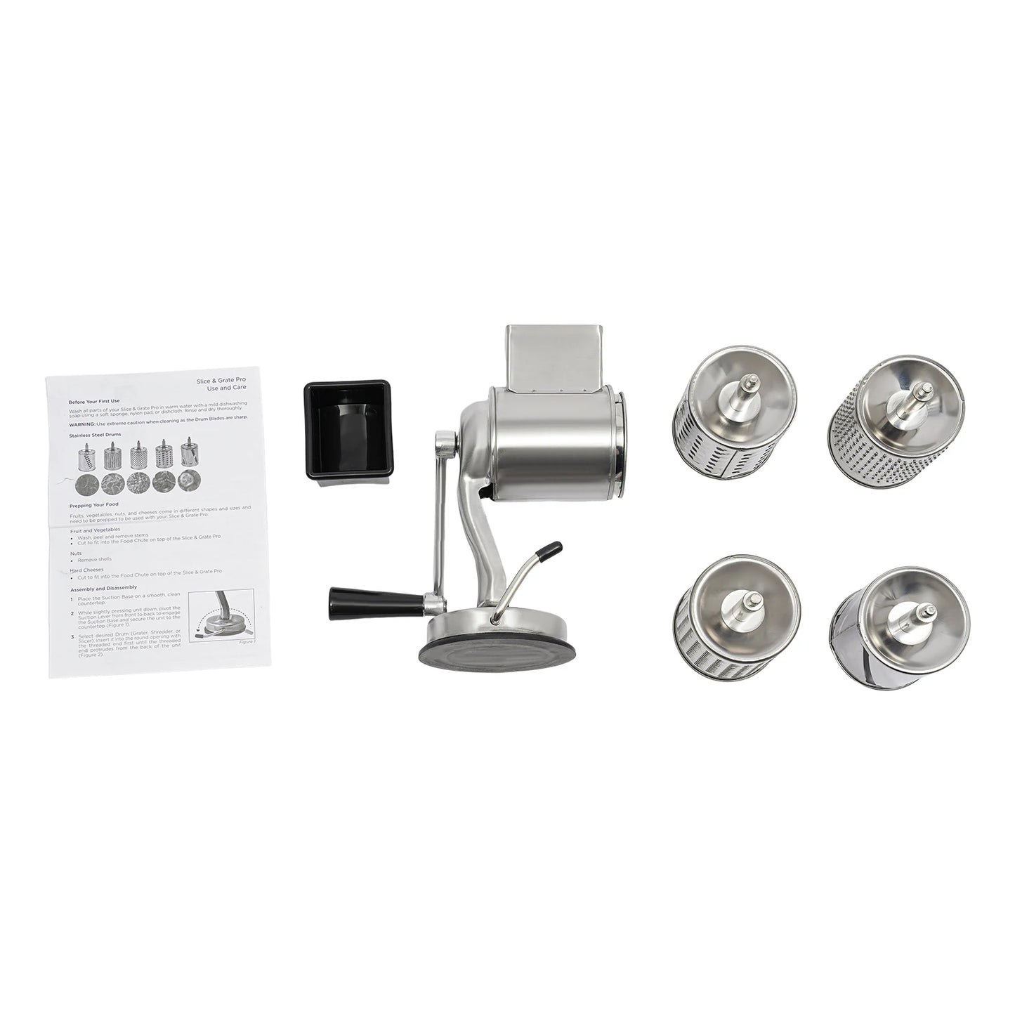 Rotary Grater, Stainless Steel Slicer with 5 Blades & Suction Cup Base