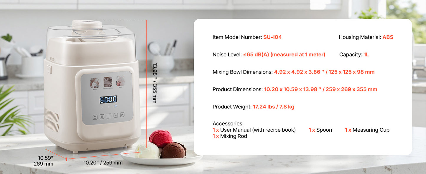 Upright Automatic Ice Cream Maker with Built-in Compressor, 1 Quart No Pre-freezing, Gelato, Frozen Yogurt