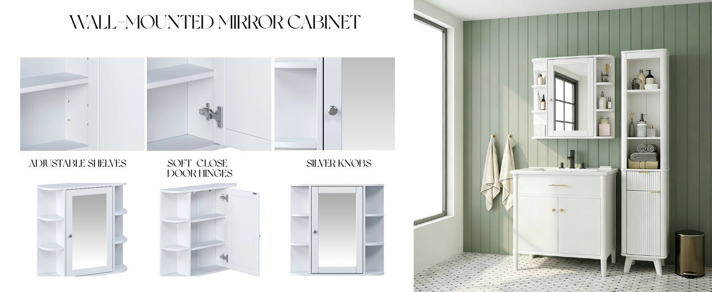White Bathroom Wall Cabinet with Mirror, Adjustable Shelf, 6 Open Shelves, with Doors