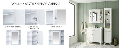 White Bathroom Wall Cabinet with Mirror, Adjustable Shelf, 6 Open Shelves, with Doors