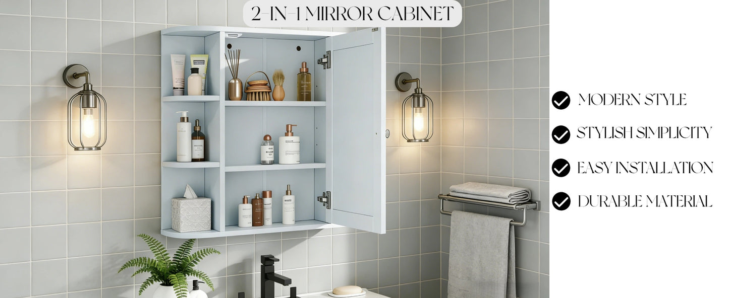 White Bathroom Wall Cabinet with Mirror, Adjustable Shelf, 6 Open Shelves, with Doors