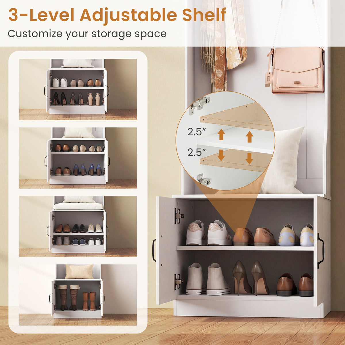 3-in-1 Hall Tree w/ Bench Storage, Adjustable Shelves with Hanging Hooks for Entryway