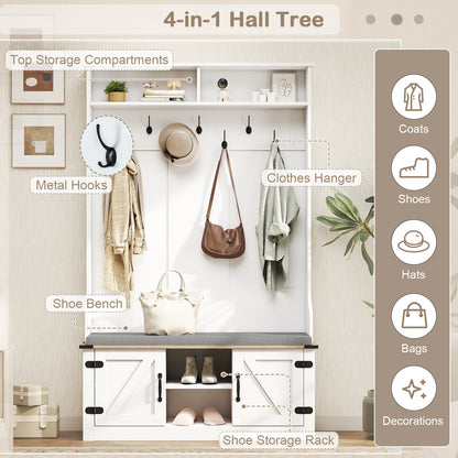 68. 5” 4-in-1 Hall Tree w/ Cushioned Bench Shoe Storage, 7 Hooks and 2 Cabinets, White