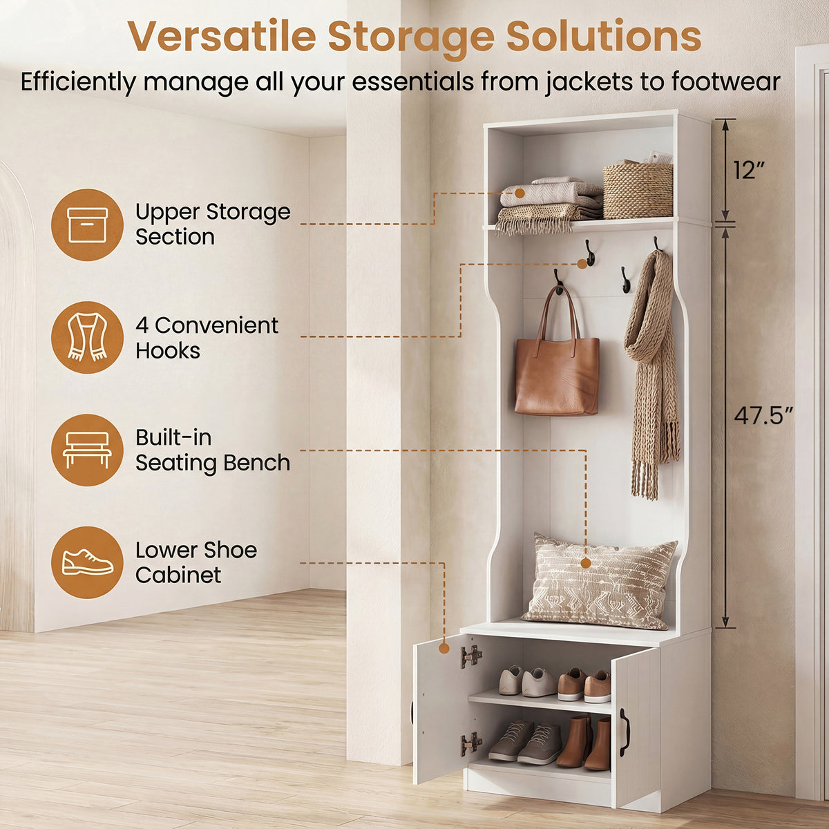 3-in-1 Hall Tree w/ Bench Storage, Adjustable Shelves with Hanging Hooks for Entryway