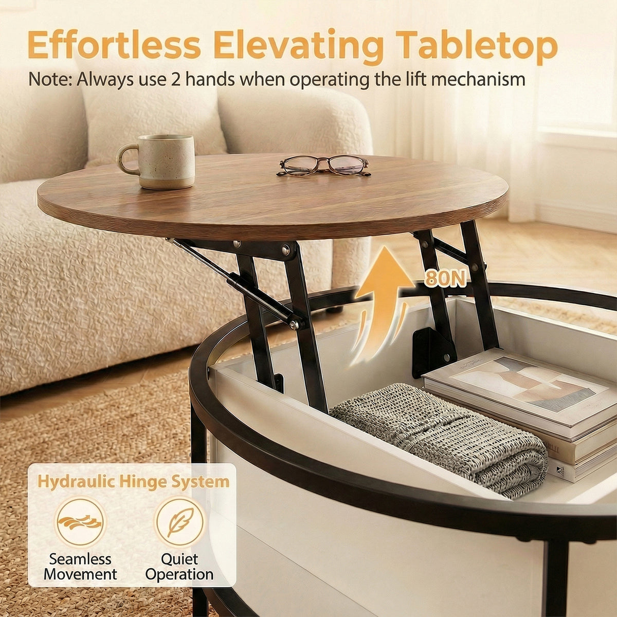 31. 5” Lift Top Coffee Table w/ Hidden Compartment & Side Shelves for Living Room