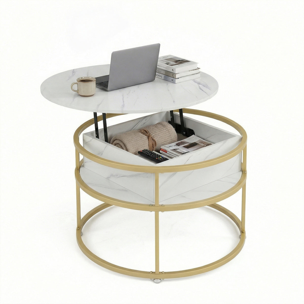 31. 5” Lift Top Coffee Table w/ Hidden Compartment & Side Shelves for Living Room