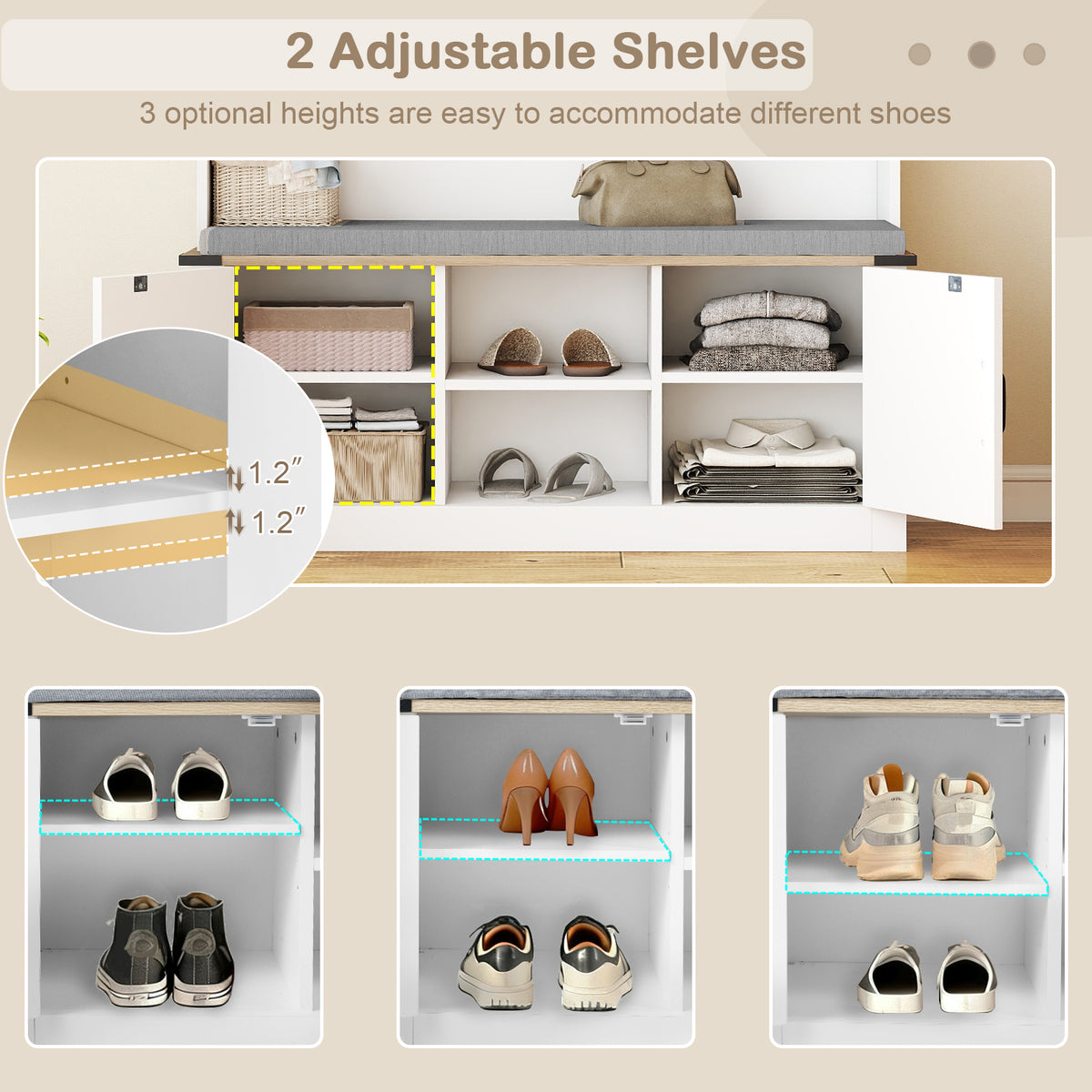 68. 5” 4-in-1 Hall Tree w/ Cushioned Bench Shoe Storage, 7 Hooks and 2 Cabinets, White