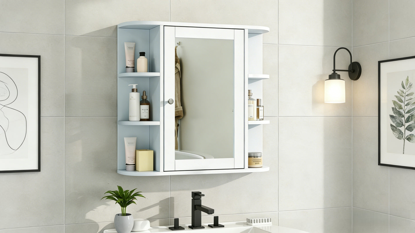White Bathroom Wall Cabinet with Mirror, Adjustable Shelf, 6 Open Shelves, with Doors