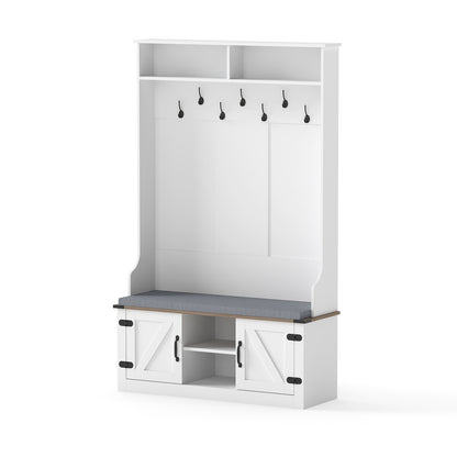68. 5” 4-in-1 Hall Tree w/ Cushioned Bench Shoe Storage, 7 Hooks and 2 Cabinets, White