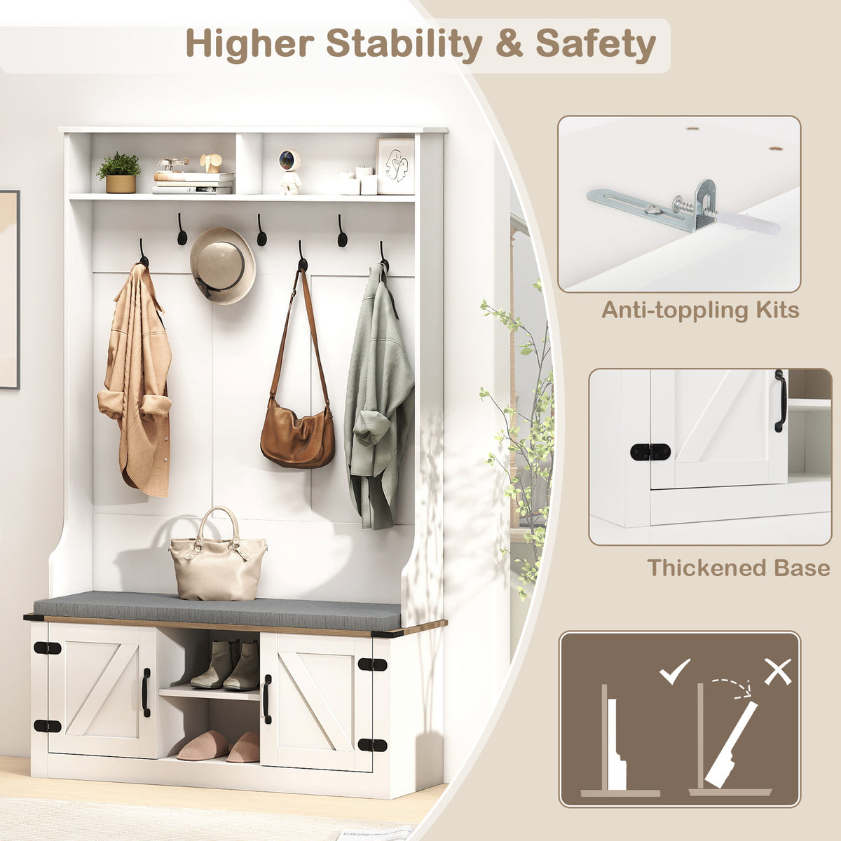 68. 5” 4-in-1 Hall Tree w/ Cushioned Bench Shoe Storage, 7 Hooks and 2 Cabinets, White