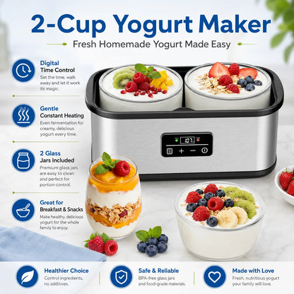 Large‑Vessel Premium Digital Yogurt Maker, 2 Jumbo Thick Borosilicate Glass Jars Fermenter, 304 Stainless‑Steel Inner Chamber