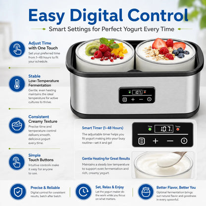 Large‑Vessel Premium Digital Yogurt Maker, 2 Jumbo Thick Borosilicate Glass Jars Fermenter, 304 Stainless‑Steel Inner Chamber