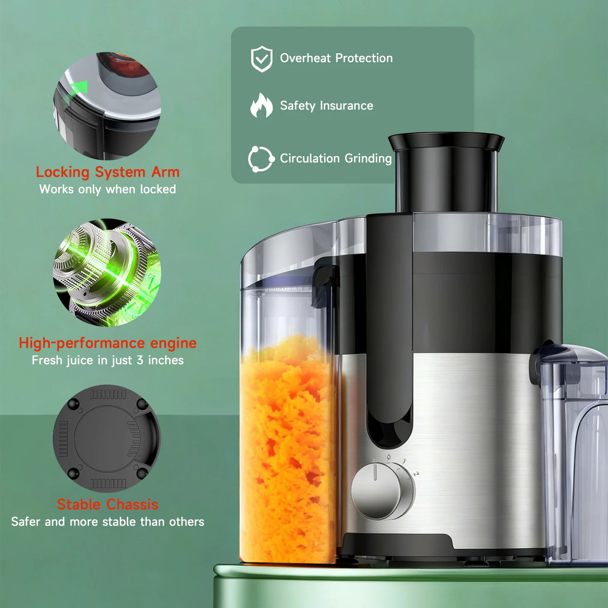 High-Speed Juicer Machine, 3-Inch Wide Mouth for Vegetables And Fruits with Metal Body, 3-Speed Settings, Easy Cleaning, Detachable,