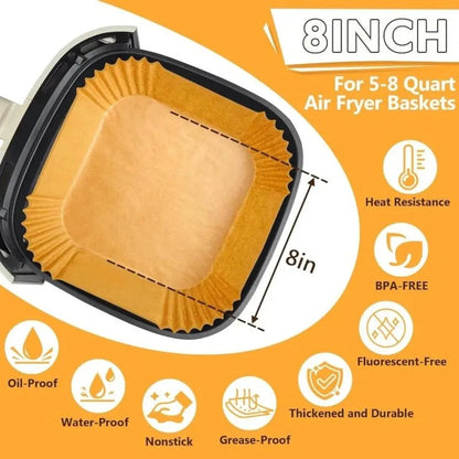 50pcs 8in Square Air Fryer Parchment Liners - Fit 5-8QT Basket, Air Fryer