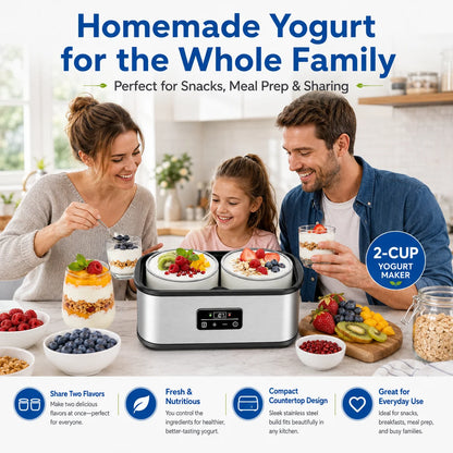 Large‑Vessel Premium Digital Yogurt Maker, 2 Jumbo Thick Borosilicate Glass Jars Fermenter, 304 Stainless‑Steel Inner Chamber