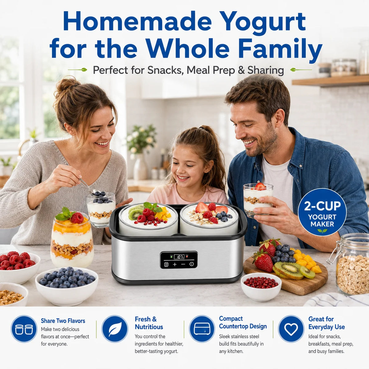 Large‑Vessel Premium Digital Yogurt Maker, 2 Jumbo Thick Borosilicate Glass Jars Fermenter, 304 Stainless‑Steel Inner Chamber