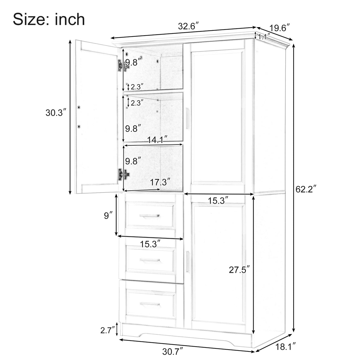 32.6" Bathroom Storage Cabinet with 3 Drawers & 3 Doors, Freestanding MDF Organizer for Bathroom, Kitchen, Office