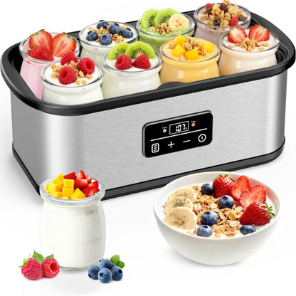 Large‑Vessel Premium Digital Yogurt Maker, 2 Jumbo Thick Borosilicate Glass Jars Fermenter, 304 Stainless‑Steel Inner Chamber