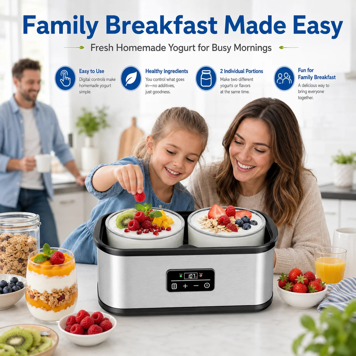 Large‑Vessel Premium Digital Yogurt Maker, 2 Jumbo Thick Borosilicate Glass Jars Fermenter, 304 Stainless‑Steel Inner Chamber