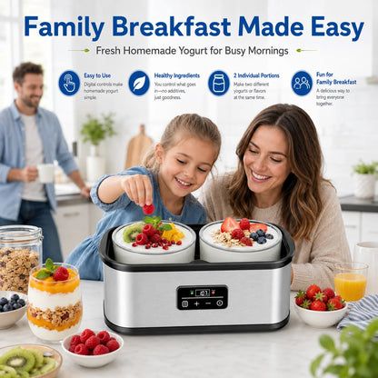 Large‑Vessel Premium Digital Yogurt Maker, 2 Jumbo Thick Borosilicate Glass Jars Fermenter, 304 Stainless‑Steel Inner Chamber