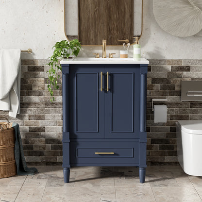 24" Modern Bathroom Vanity with Ceramic Sink, Storage Drawer, Soft-Close Doors & Ornately Carved French Legs