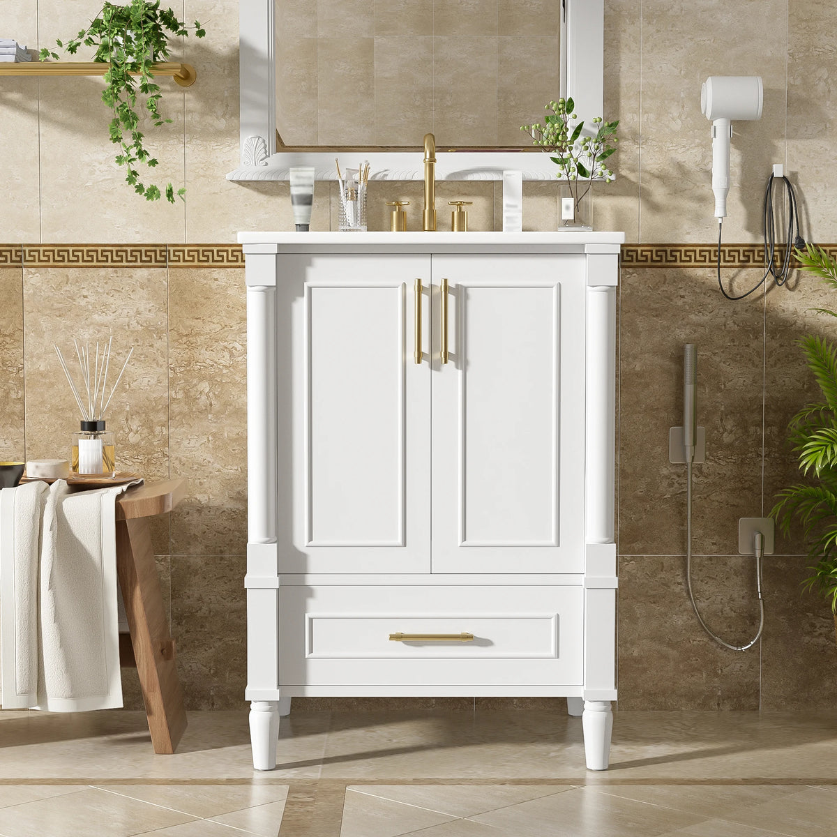 24" Modern Bathroom Vanity with Ceramic Sink, Storage Drawer, Soft-Close Doors & Ornately Carved French Legs