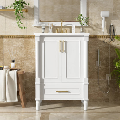 24" Modern Bathroom Vanity with Ceramic Sink, Storage Drawer, Soft-Close Doors & Ornately Carved French Legs