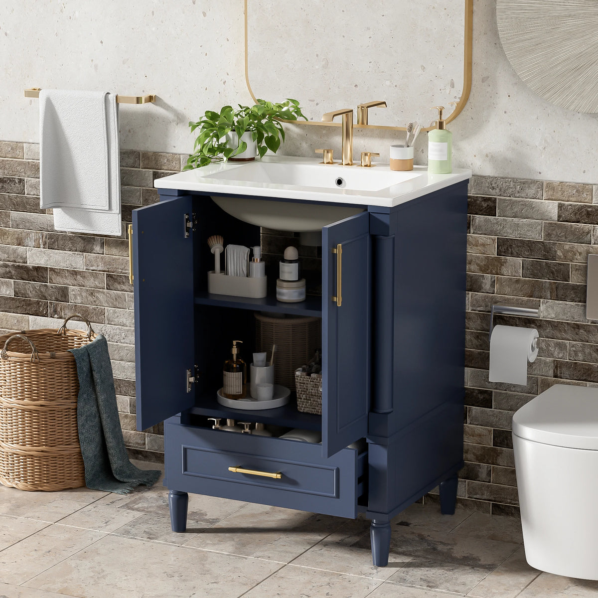 24" Modern Bathroom Vanity with Ceramic Sink, Storage Drawer, Soft-Close Doors & Ornately Carved French Legs